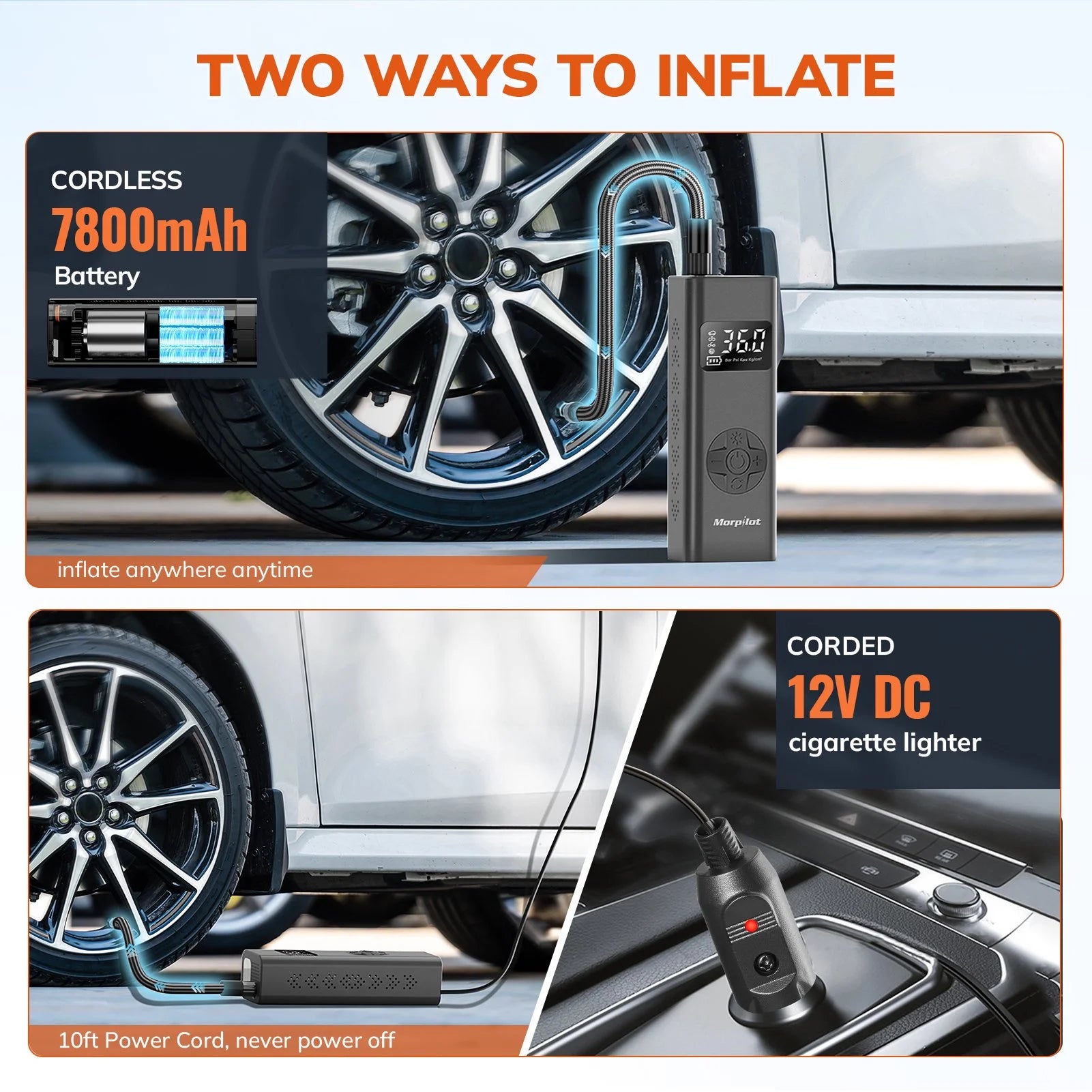 Tire Inflator Portable Air Compressor, 3-150PSI 12V DC Electric Air Pump for Car Tires with Tire Pressure Gauge, Bike Tire Pump with LED Light for Car SUV ATV Motorcycle Bike